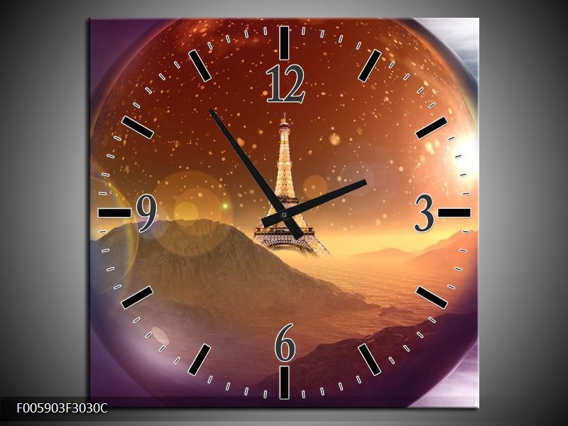 Klok schilderij Eiffeltoren | Paars, Goud, Bruin | 30x30cm 1Luik