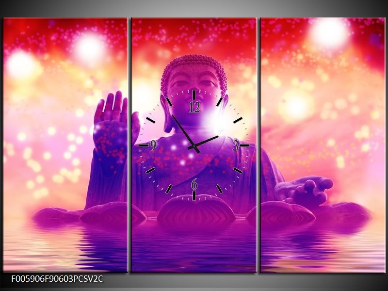 Klok schilderij Boeddha | Paars, Rood | 90x60cm 3Luik