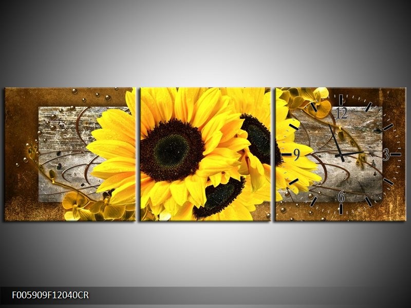 Klok schilderij Zonnebloem | Geel, Bruin, Grijs | 120x40cm 3Luik
