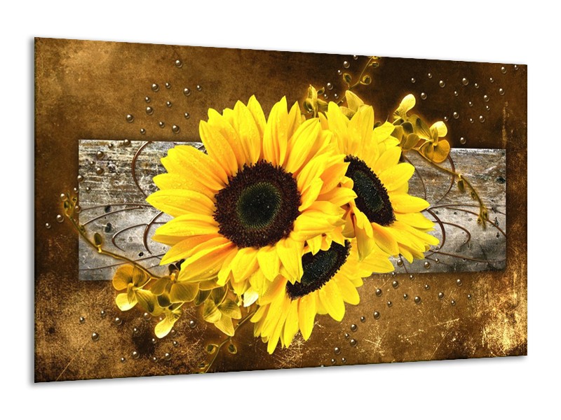 Glas schilderij Zonnebloem | Geel, Bruin, Grijs | 120x70cm 1Luik