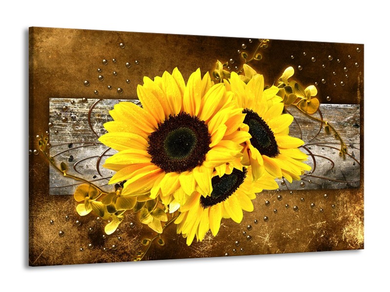 Glas schilderij Zonnebloem | Geel, Bruin, Grijs | 140x90cm 1Luik