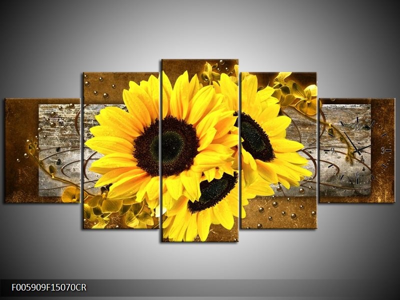 Klok schilderij Zonnebloem | Geel, Bruin, Grijs | 150x70cm 5Luik