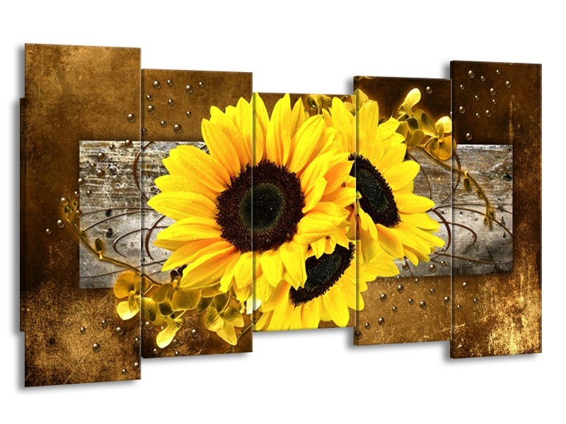 Canvas schilderij Zonnebloem | Geel, Bruin, Grijs | 150x80cm 5Luik