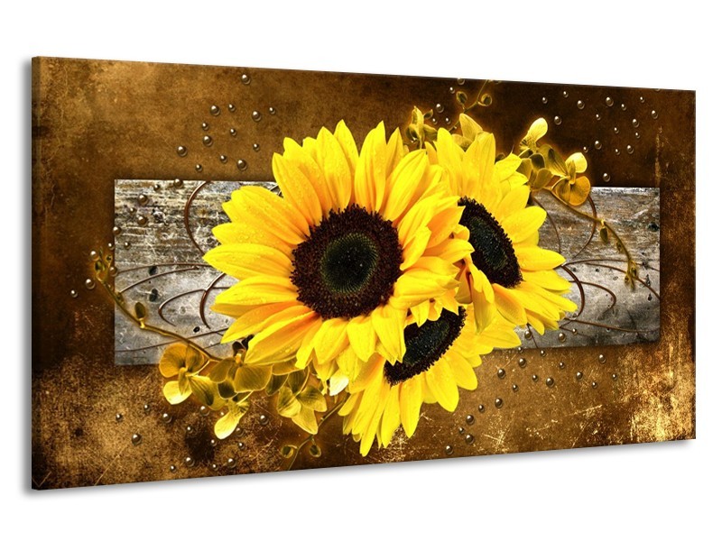 Canvas schilderij Zonnebloem | Geel, Bruin, Grijs | 190x100cm 1Luik