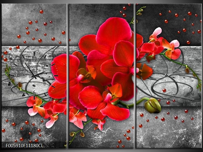 Klok schilderij Orchidee | Rood, Grijs | 111x80cm 3Luik