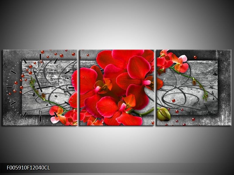 Klok schilderij Orchidee | Rood, Grijs | 120x40cm 3Luik