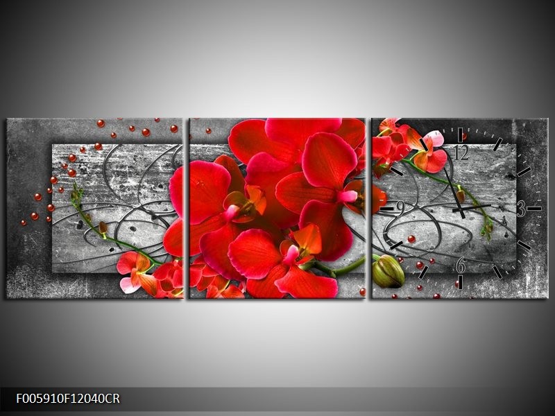 Klok schilderij Orchidee | Rood, Grijs | 120x40cm 3Luik