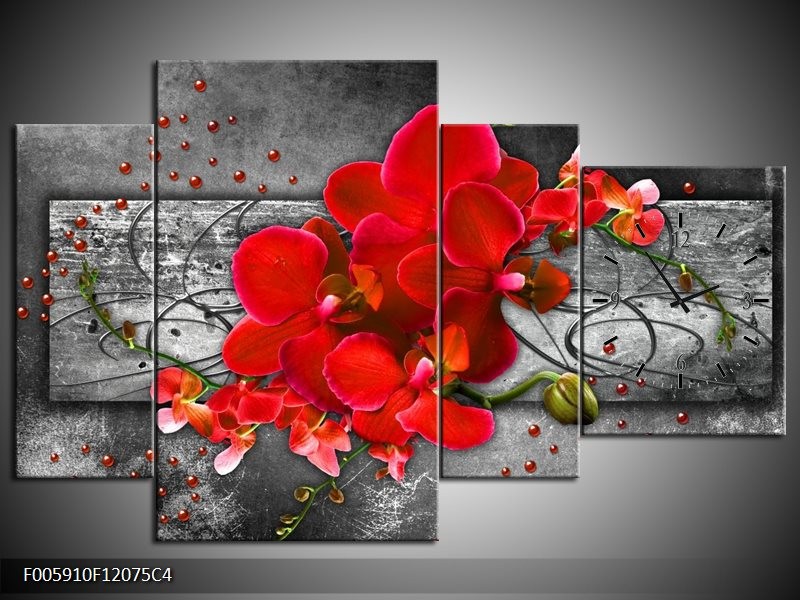 Klok schilderij Orchidee | Rood, Grijs | 120x75cm 4Luik