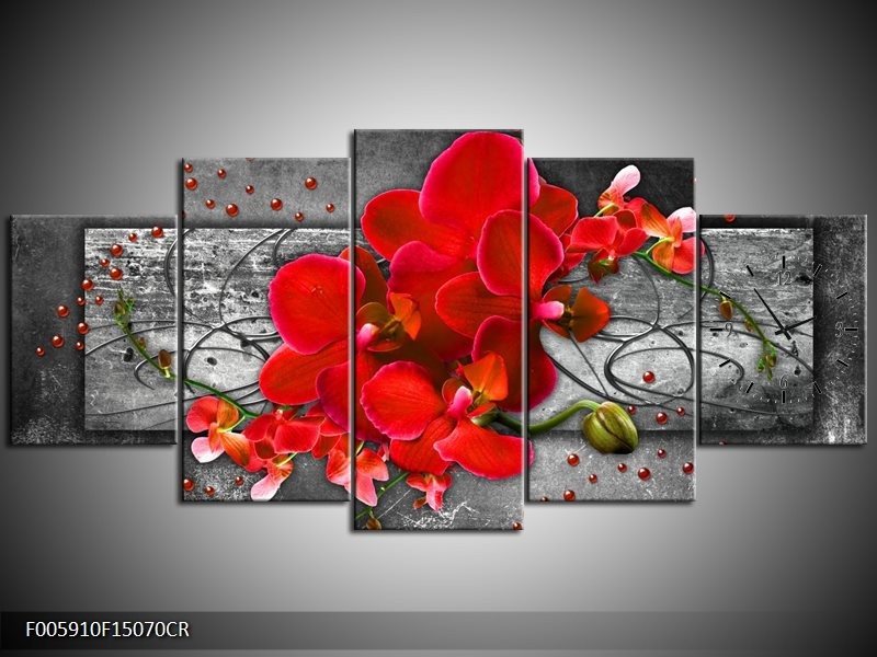 Klok schilderij Orchidee | Rood, Grijs | 150x70cm 5Luik