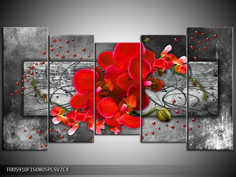 Klok schilderij Orchidee | Rood, Grijs | 150x80cm 5Luik