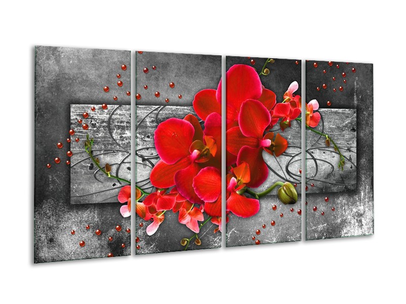 Canvas schilderij Orchidee | Rood, Grijs | 160x80cm 4Luik