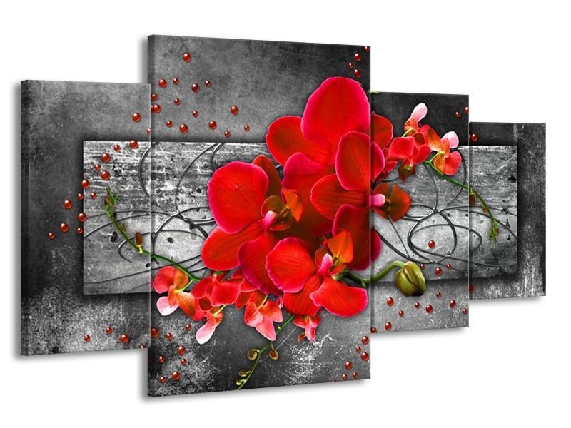 Canvas schilderij Orchidee | Rood, Grijs | 160x90cm 4Luik