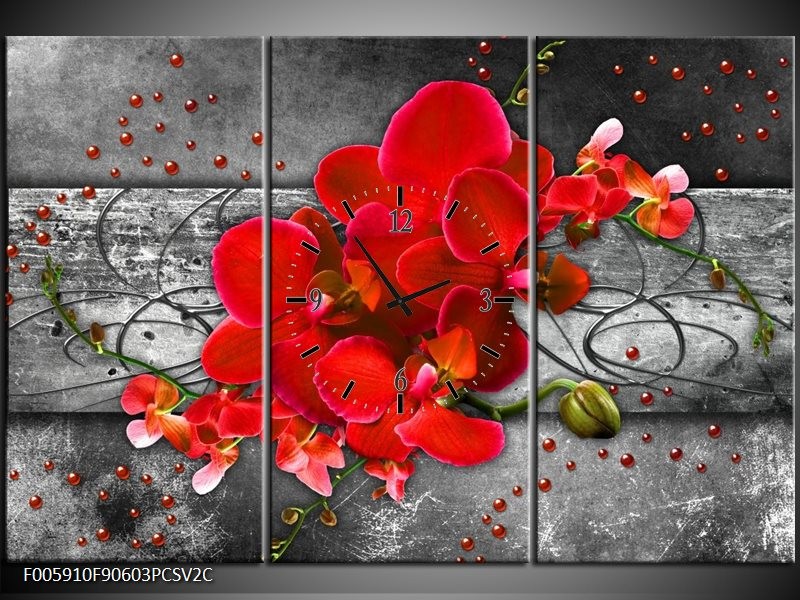 Klok schilderij Orchidee | Rood, Grijs | 90x60cm 3Luik