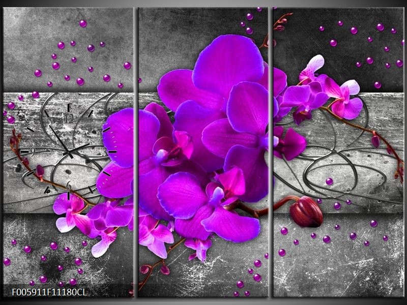 Klok schilderij Orchidee | Paars, Grijs | 111x80cm 3Luik