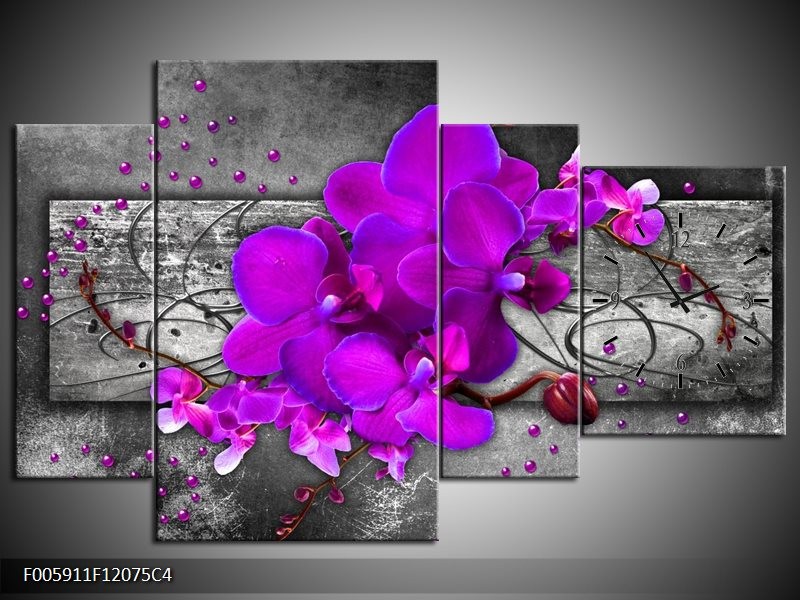 Klok schilderij Orchidee | Paars, Grijs | 120x75cm 4Luik