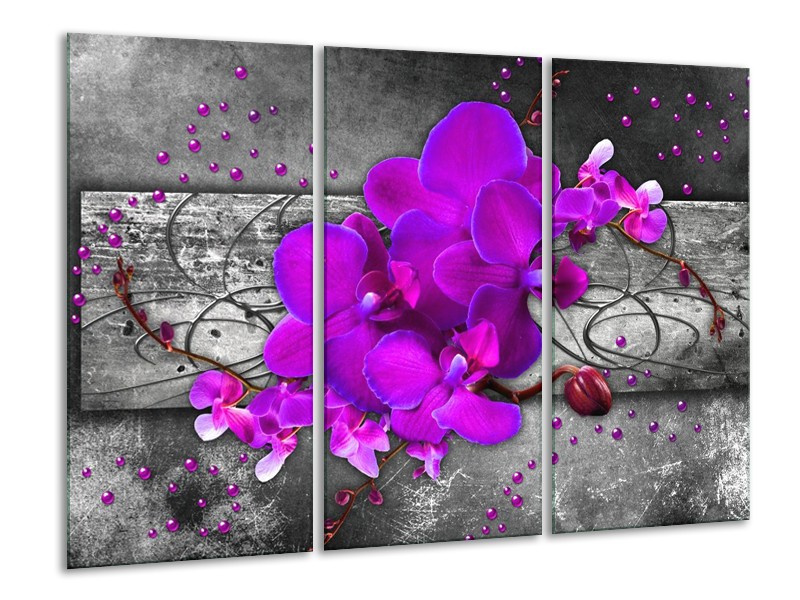 Canvas schilderij Orchidee | Paars, Grijs | 120x80cm 3Luik