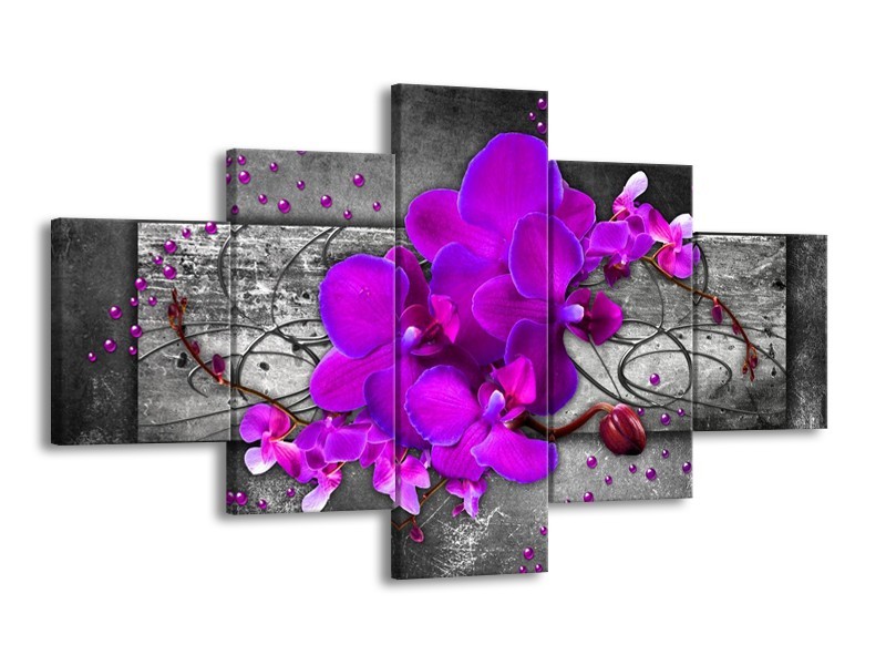 Canvas schilderij Orchidee | Paars, Grijs | 125x70cm 5Luik