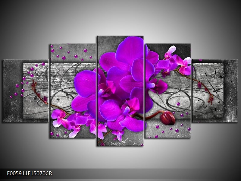 Klok schilderij Orchidee | Paars, Grijs | 150x70cm 5Luik