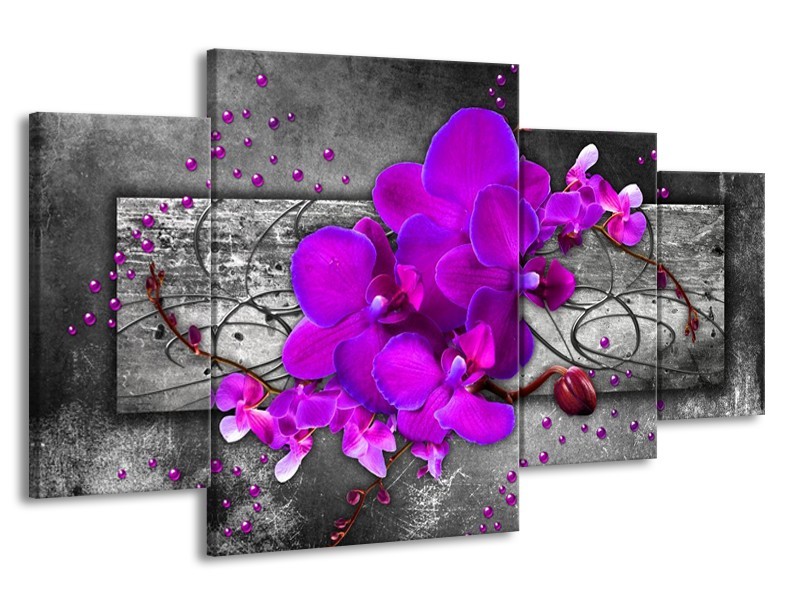 Canvas schilderij Orchidee | Paars, Grijs | 160x90cm 4Luik
