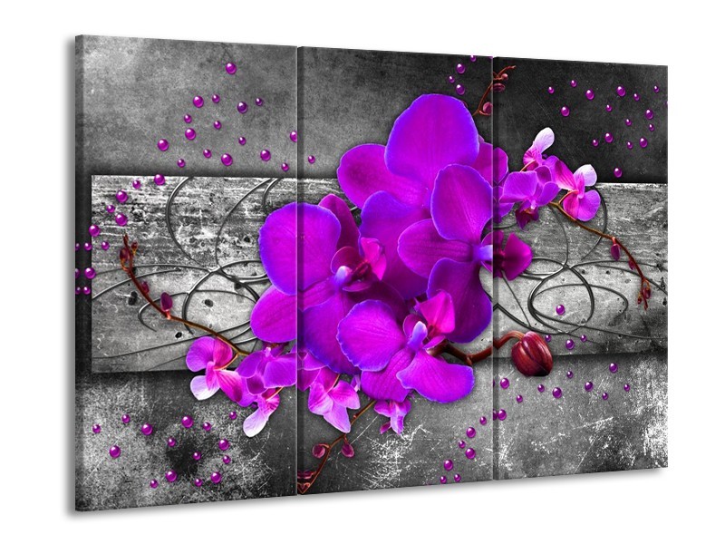 Canvas schilderij Orchidee | Paars, Grijs | 90x60cm 3Luik