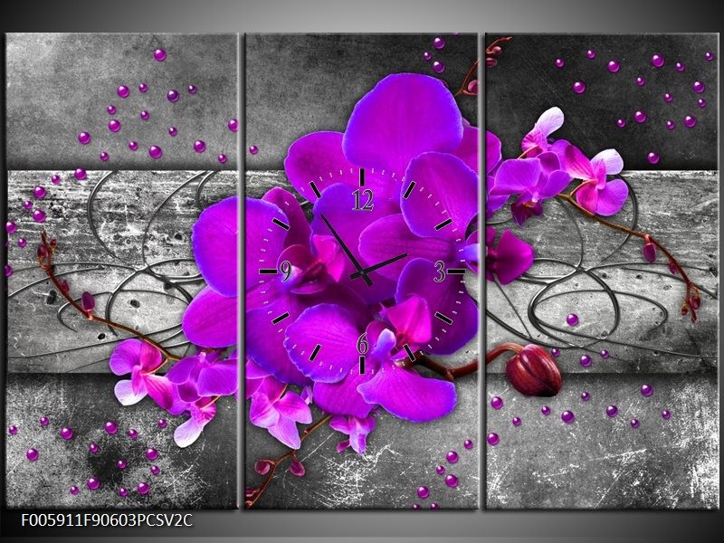 Klok schilderij Orchidee | Paars, Grijs | 90x60cm 3Luik