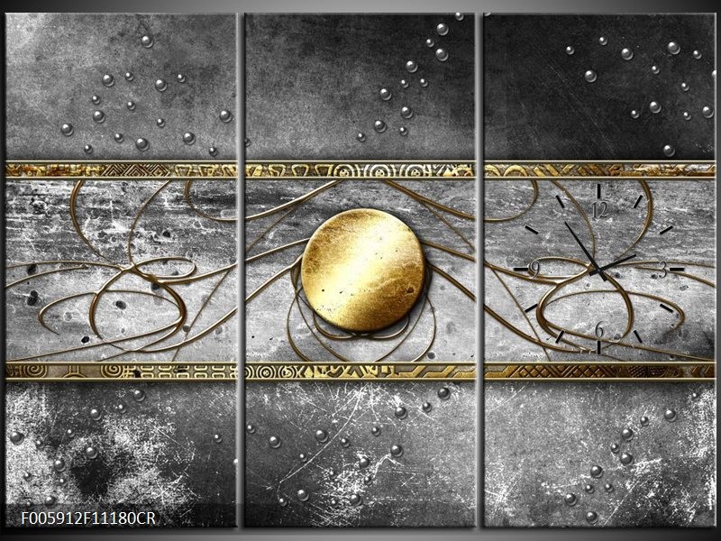 Klok schilderij Cirkel | Grijs, Goud | 111x80cm 3Luik