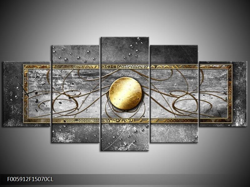 Klok schilderij Cirkel | Grijs, Goud | 150x70cm 5Luik