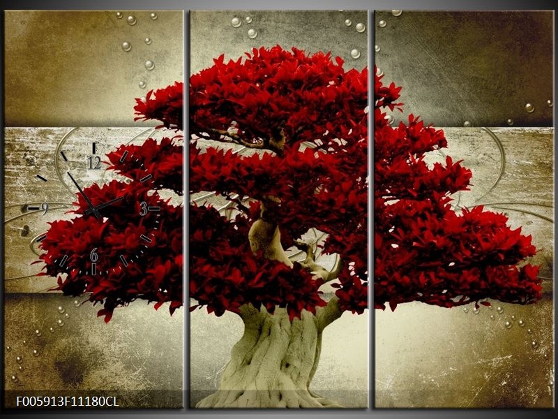 Klok schilderij Boom | Rood, Bruin | 111x80cm 3Luik