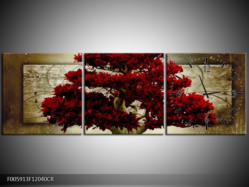 Klok schilderij Boom | Rood, Bruin | 120x40cm 3Luik