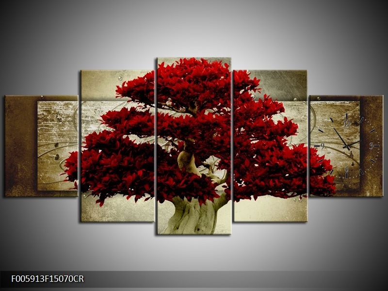Klok schilderij Boom | Rood, Bruin | 150x70cm 5Luik