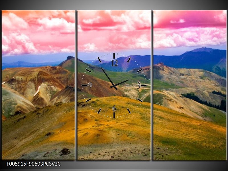 Klok schilderij Bergen | Roze, Blauw, Groen | 90x60cm 3Luik