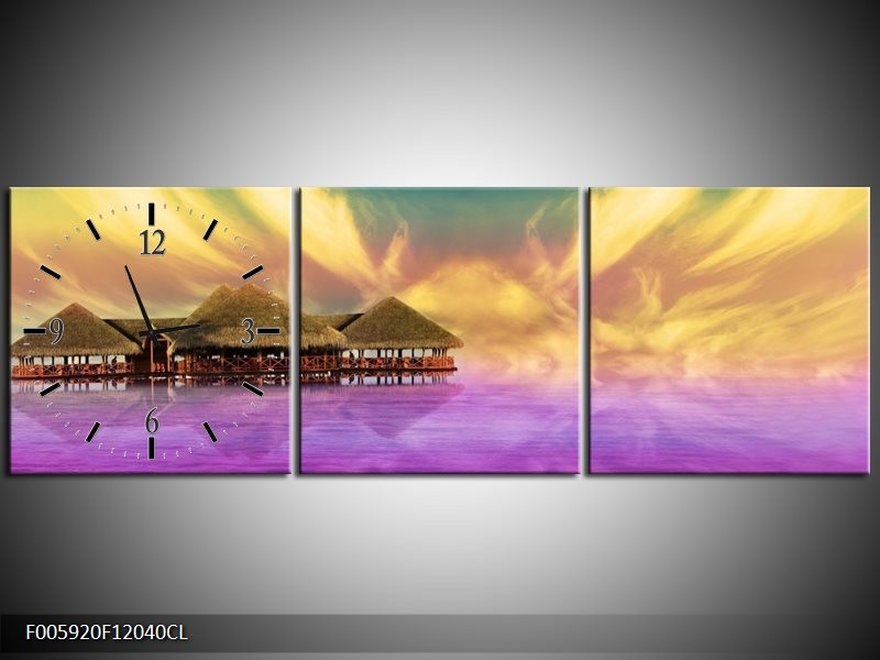 Klok schilderij Uitzicht | Paars, Blauw, Geel | 120x40cm 3Luik