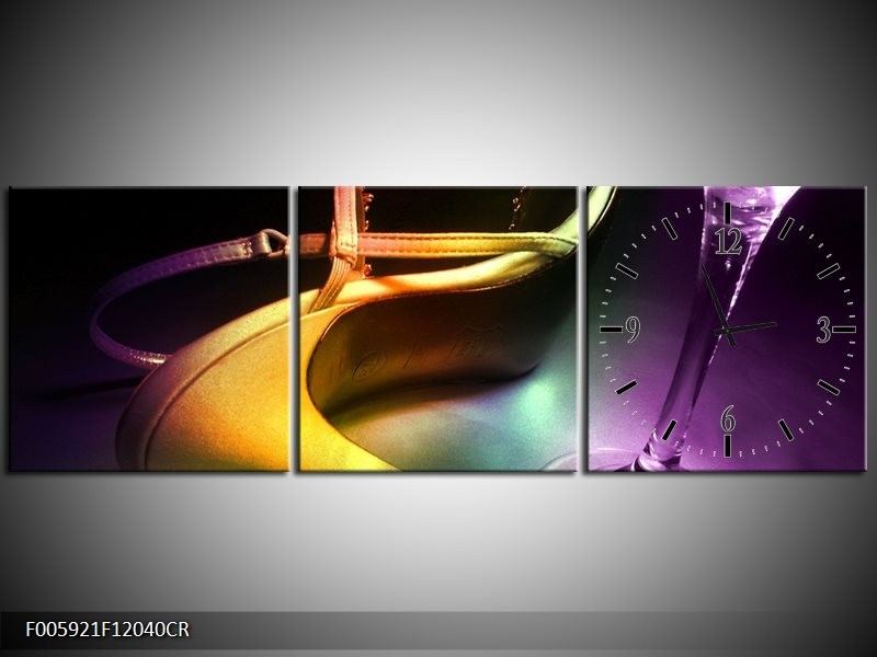 Klok schilderij Schoen | Blauw, Paars, Geel | 120x40cm 3Luik