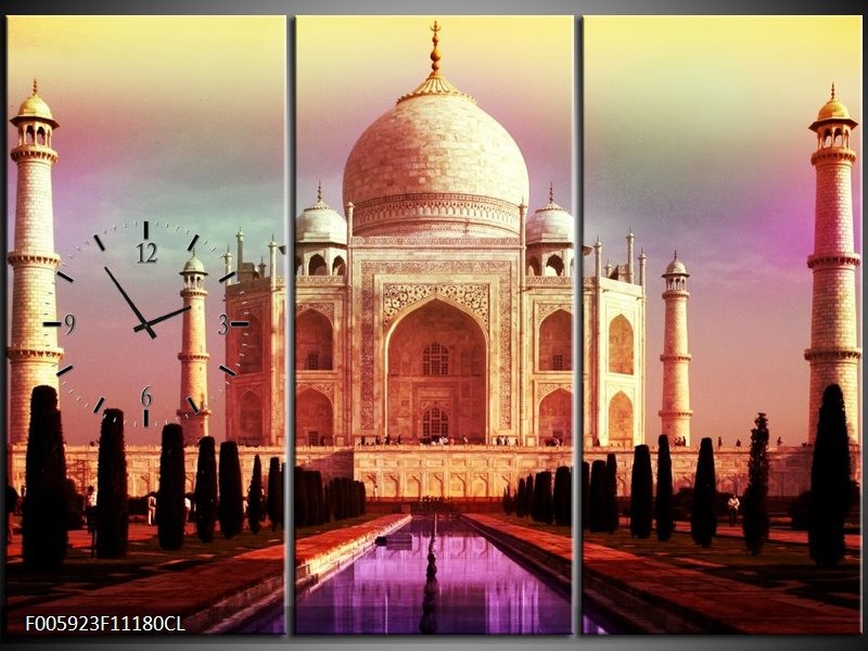 Klok schilderij Gebouw | Paars, Roze, Crème | 111x80cm 3Luik