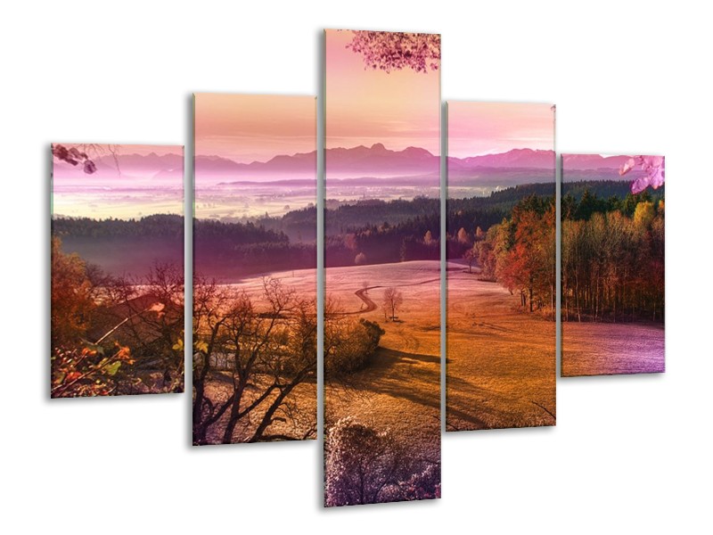 Canvas schilderij Landschap | Oranje, Paars, Grijs | 100x70cm 5Luik