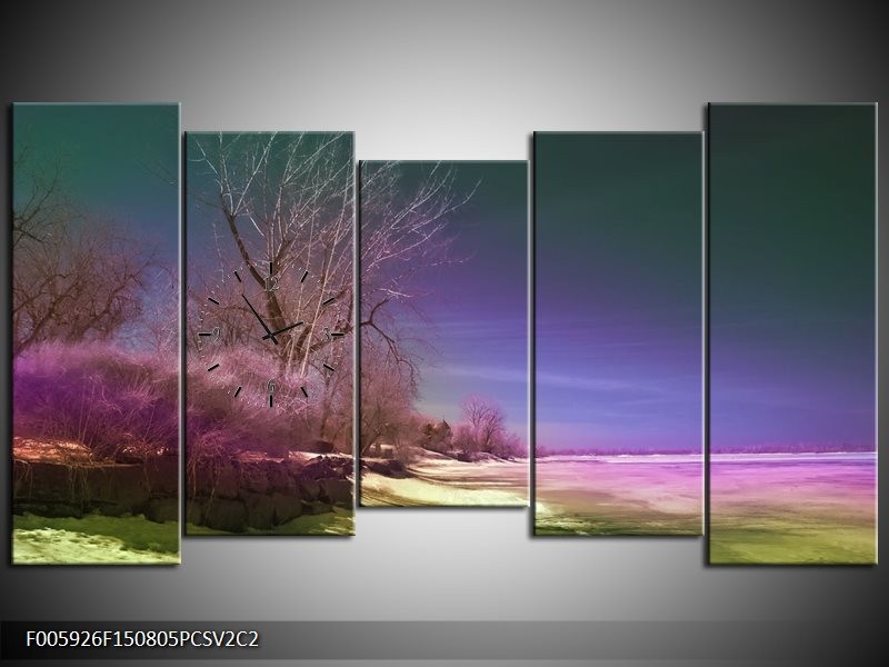 Klok schilderij Landschap | Groen, Blauw, Roze | 150x80cm 5Luik