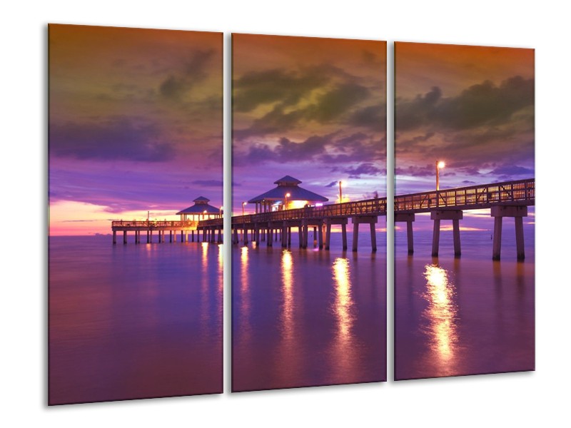 Canvas schilderij Brug | Paars, Crème, Bruin | 120x80cm 3Luik