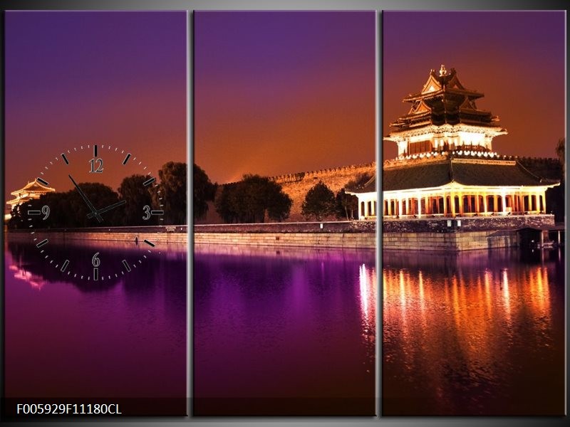 Klok schilderij Uitzicht | Paars, Oranje, Grijs | 111x80cm 3Luik