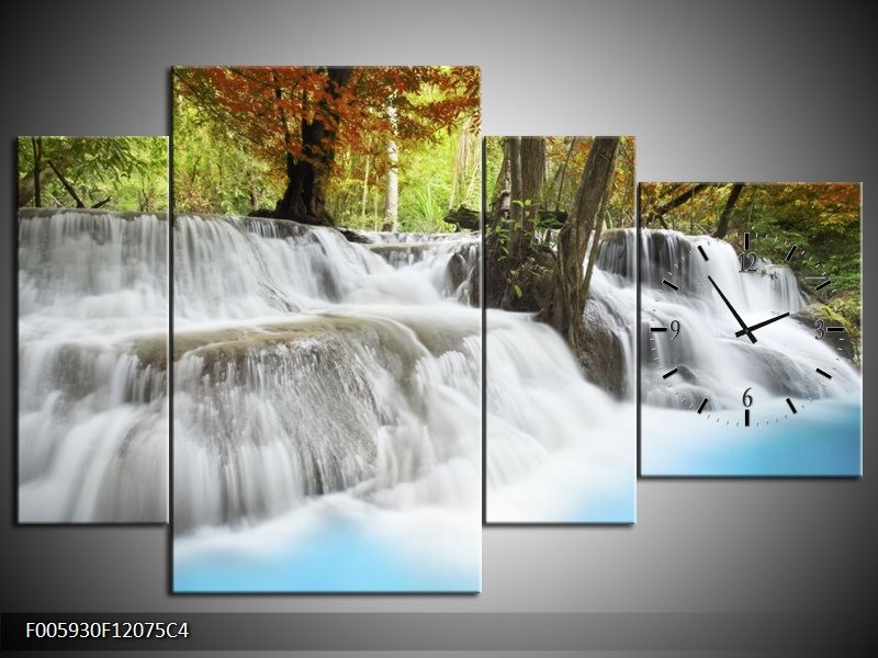 Klok schilderij Waterval | Blauw, Bruin, Grijs | 120x75cm 4Luik