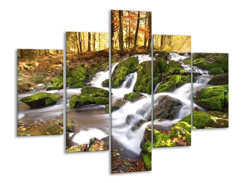 Canvas schilderij Waterval | Groen, Grijs, Oranje | 100x70cm 5Luik