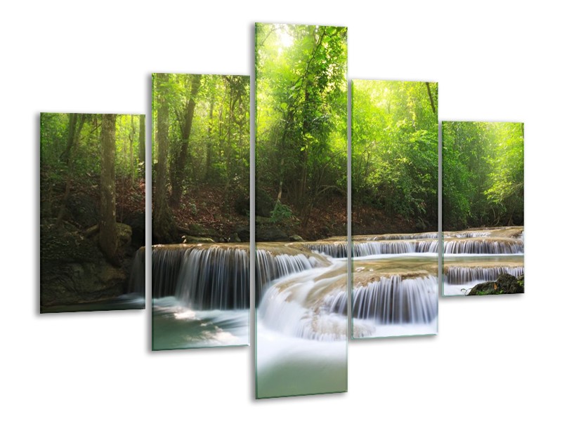 Canvas schilderij Waterval | Groen, Blauw, Grijs | 100x70cm 5Luik