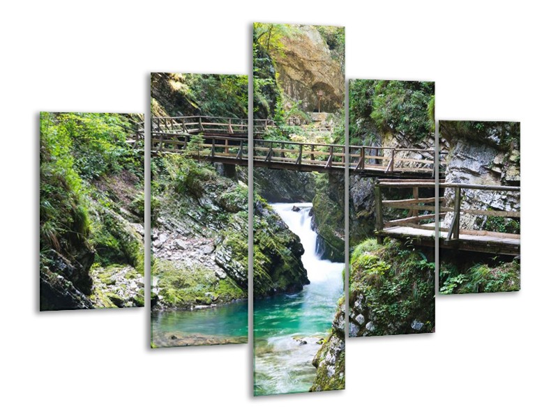 Canvas schilderij Brug | Blauw, Groen, Grijs | 100x70cm 5Luik