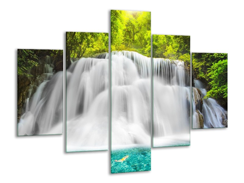 Canvas schilderij Waterval | Groen, Grijs, Blauw | 100x70cm 5Luik