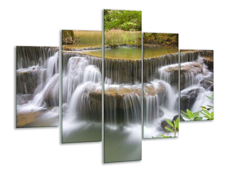 Canvas schilderij Waterval | Groen, Grijs, Wit | 100x70cm 5Luik