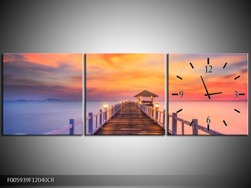 Klok schilderij Brug | Paars, Oranje, Bruin | 120x40cm 3Luik