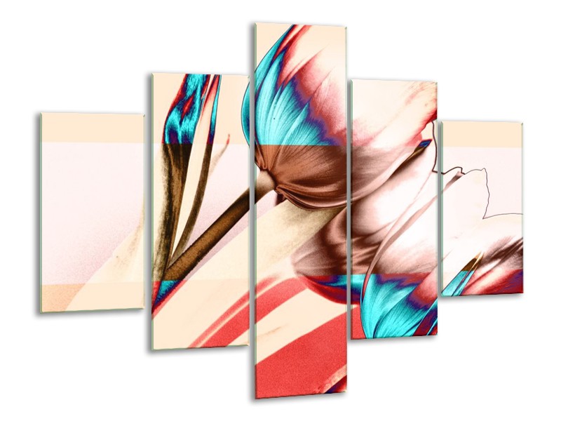 Canvas schilderij Tulp | Blauw, Rood, Crème | 100x70cm 5Luik