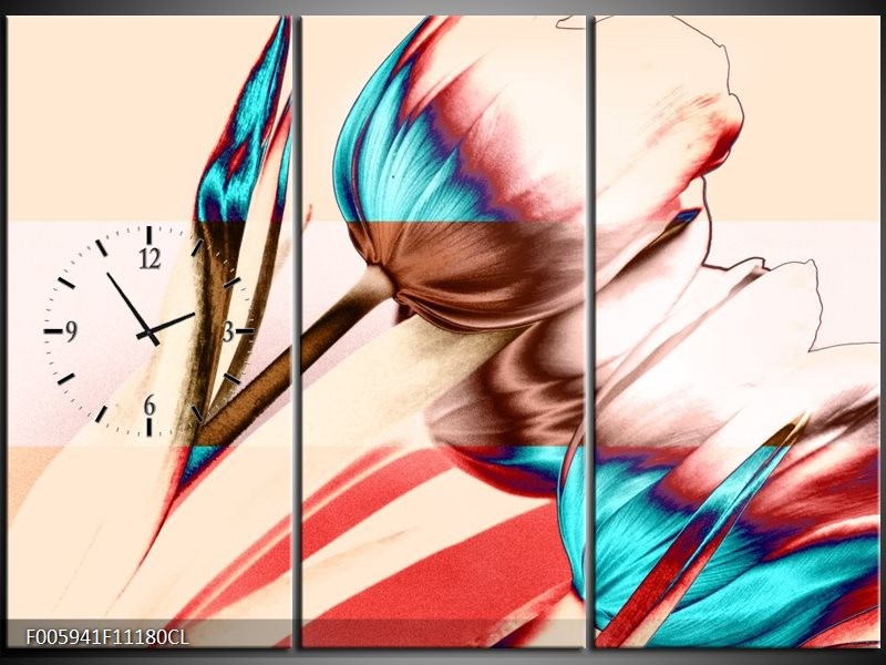 Klok schilderij Tulp | Blauw, Rood, Crème | 111x80cm 3Luik