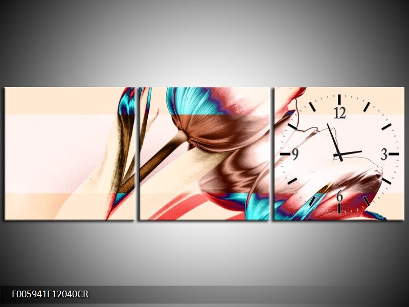 Klok schilderij Tulp | Blauw, Rood, Crème | 120x40cm 3Luik