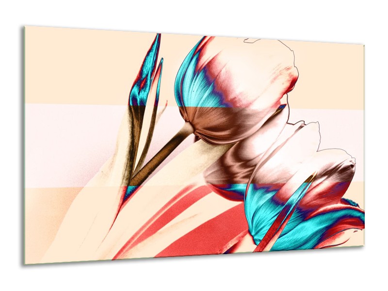 Glas schilderij Tulp | Blauw, Rood, Crème | 120x70cm 1Luik