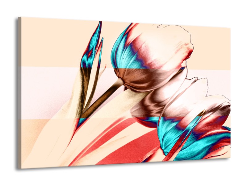 Glas schilderij Tulp | Blauw, Rood, Crème | 140x90cm 1Luik